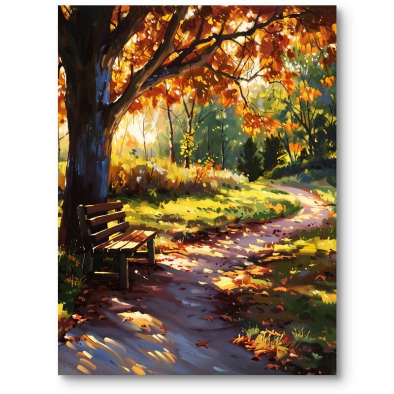 Obraz na płótnie do salonu klasycznego jesienny park z ławką w stylu impresjonizmu pomarańczowo-zielony