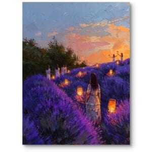 Obraz na płótnie do salonu klasycznego kobiety spacerujące wśród lawendy fioletowo-pomarańczowy