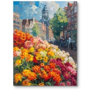 Obraz na płótnie do salonu klasyczny Amsterdam w kwiatach impresjonizm pomarańczowo-zielony