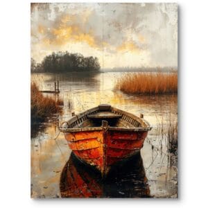 Obraz na płótnie do salonu klasyczny jezioro łódka realistyczny brązowo-pomarańczowy