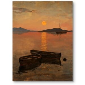 Obraz na płótnie do salonu klasyczny krajobraz łodzie zachód słońca pomarańczowo-brązowy