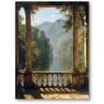 Obraz na płótnie do salonu klasyczny krajobraz z tarasem i jeziorem zielono-beżowy