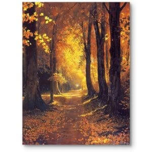 Obraz na płótnie do salonu klasyczny las jesienny w ciepłych barwach pomarańczowo-żółty