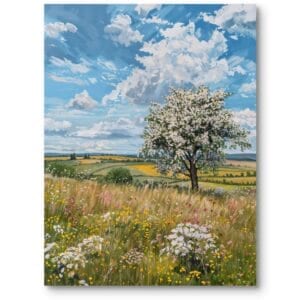 Obraz na płótnie do salonu klasyczny wiejski krajobraz kwitnące drzewo niebiesko-zielony