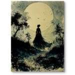 Obraz na płótnie do salonu kobieta na tle księżyca realizm symbolizm czarno-biało-zielony