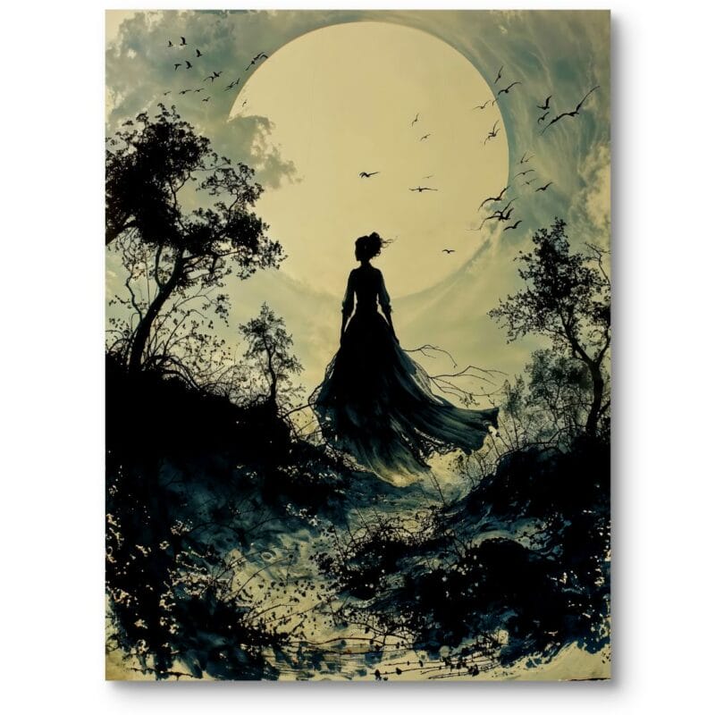 Obraz na płótnie do salonu kobieta na tle księżyca realizm symbolizm czarno-biało-zielony