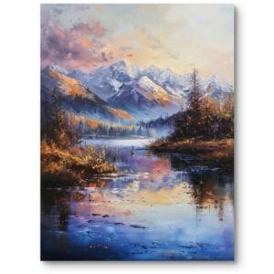 Obraz na płótnie do salonu krajobraz górski nad jeziorem impresjonizm niebiesko-pomarańczowy