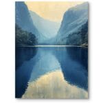 Obraz na płótnie do salonu krajobraz jezioro w górach realistyczny niebiesko-żółty Obraz na płótnie do salonu krajobraz jezioro w górach realistyczny niebiesko-żółty