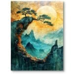 Obraz na płótnie do salonu krajobraz surrealistyczny góry drzewo zielono-żółty Obraz na płótnie do salonu krajobraz surrealistyczny góry drzewo zielono-żółty