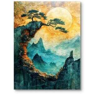 Obraz na płótnie do salonu krajobraz surrealistyczny góry drzewo zielono-żółty