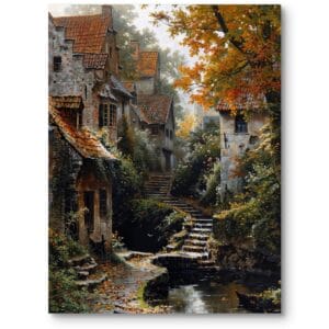 Obraz na płótnie do salonu krajobraz wioska jesień realism zielono-brązowy