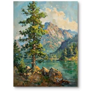 Obraz na płótnie do salonu krajobraz z jeziorem i drzewem impresjonizm zielono-niebieski
