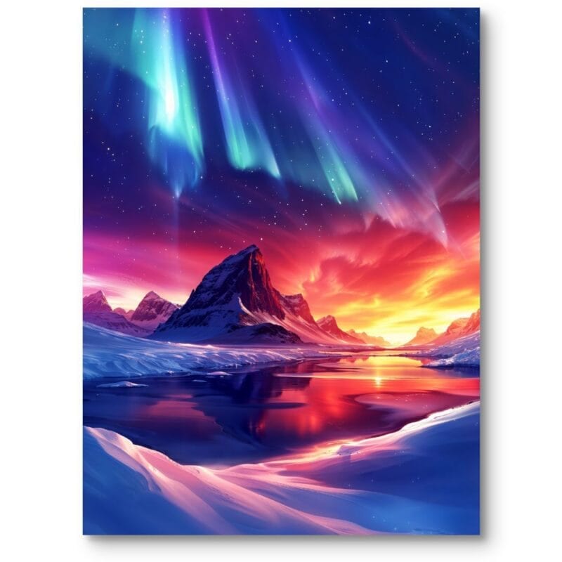 Obraz na płótnie do salonu krajobrazy jezioro zorza polarna fantazja niebiesko-pomarańczowy Obraz na płótnie do salonu krajobrazy jezioro zorza polarna fantazja niebiesko-pomarańczowy