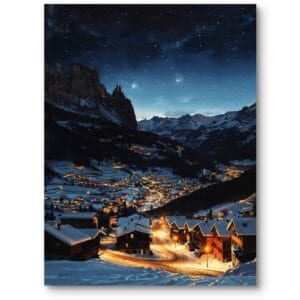 Obraz na płótnie do salonu krajobrazy pejzaże i widoki górska zimowa wieś realistyczny ciemnoniebiesko-żółty