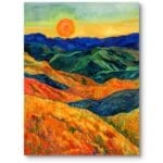 Obraz na płótnie do salonu krajobrazy, pejzaże i widoki góry zachód słońca impresjonizm pomarańczowo-zielony