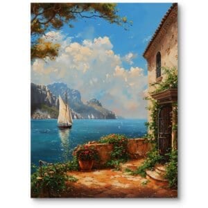 Obraz na płótnie do salonu krajobrazy widoki z okna i balkonu spokojny żaglowiec niebiesko-zielony