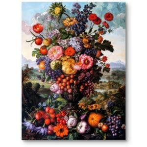 Obraz na płótnie do salonu martwa natura kwiaty w wazonie barok czerwono-zielony