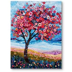 Obraz na płótnie do salonu mozaika kolorowe kwitnące drzewo boho style różowo-niebieski