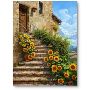 Obraz na płótnie do salonu natura i rośliny wiejski dom słoneczniki realistyczny żółto-zielony