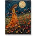 Obraz na płótnie do salonu natura kobieta na łące nocą boho pomarańczowo-ciemnoniebieski