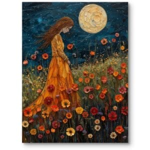 Obraz na płótnie do salonu natura kobieta na łące nocą boho pomarańczowo-ciemnoniebieski