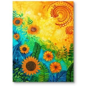 Obraz na płótnie do salonu natura słoneczniki boho żółto-zielony