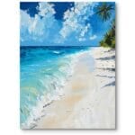 Obraz na płótnie do salonu nowoczesnego tropikalna plaża z palmami niebiesko-biały