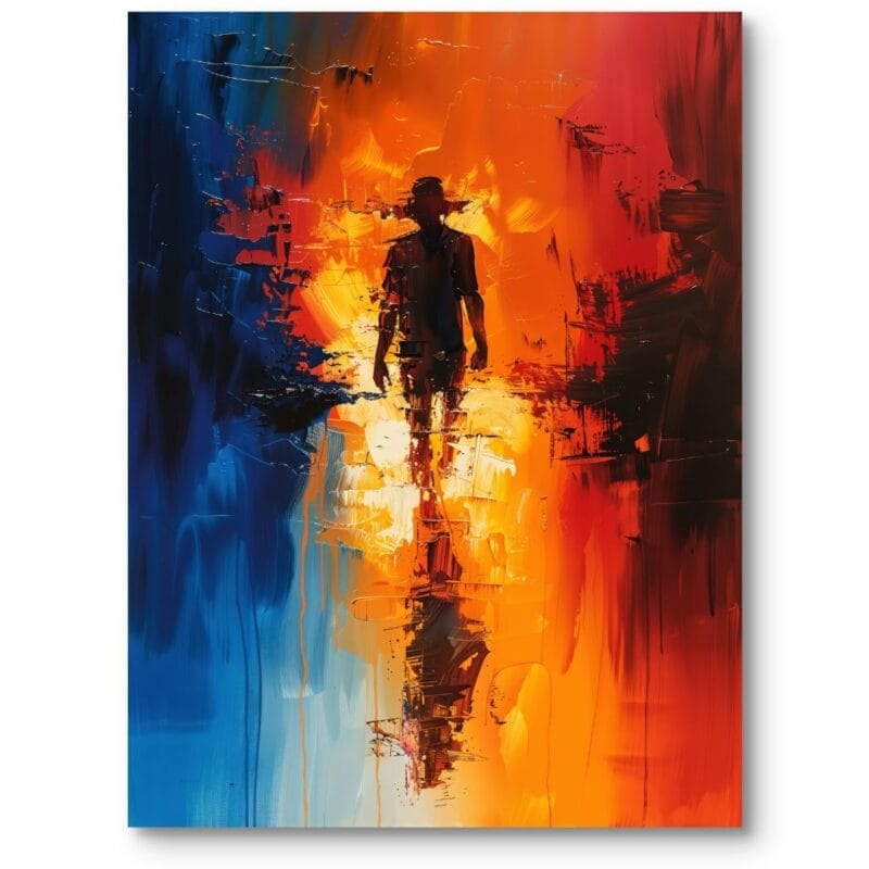 Obraz na płótnie do salonu nowoczesny mężczyzna w ruchu pomarańczowo-granatowy abstrakcja