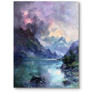 Obraz na płótnie do salonu pejzaż góry Alpy jezioro impresjonizm fioletowo-zielony