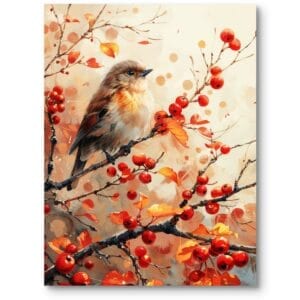 Obraz na płótnie do salonu realistyczny ptak na jesiennej gałęzi w stylu rustykalnym pomarańczowo-czerwony
