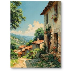 Obraz na płótnie do salonu rustykalnego krajobrazy pejzaże wioski impresjonizm zielono-niebieski