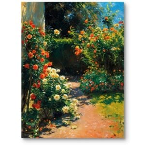 Obraz na płótnie do salonu rustykalny do biura natura ogród kwitnące róże impresjonizm zielono-czerwono-żółty