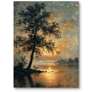Obraz na płótnie do salonu rustykalny krajobraz zachód słońca jezioro realistyczny pomarańczowo-zielony