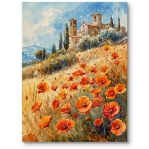 Obraz na płótnie do salonu rustykalny wiejski krajobraz z makami impresjonizm pomarańczowo-żółty