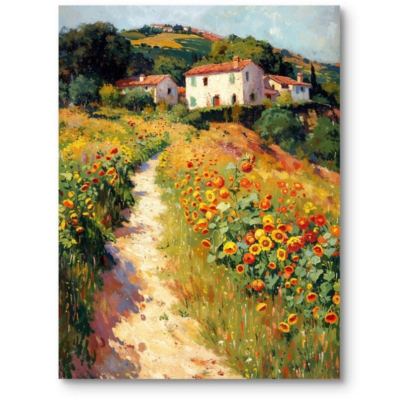 Obraz na płótnie do salonu rustykalny wiejski pejzaż kwiaty żółto-zielony Obraz na płótnie do salonu rustykalny wiejski pejzaż kwiaty żółto-zielony