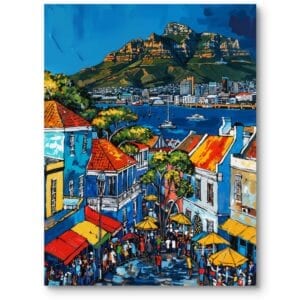 Obraz na płótnie do salonu skandynawski eklektyczny miejski pejzaż z górami niebiesko-żółty