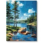 Obraz na płótnie do salonu skandynawski górskie jezioro z lasem impresjonizm niebiesko-zielony