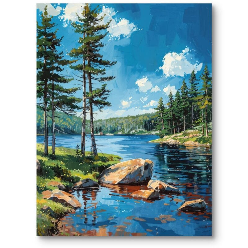 Obraz na płótnie do salonu skandynawski górskie jezioro z lasem impresjonizm niebiesko-zielony