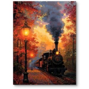 Obraz na płótnie do salonu vintage krajobrazy pejzaże i widoki pociąg jesień realistyczny pomarańczowo-czerwony