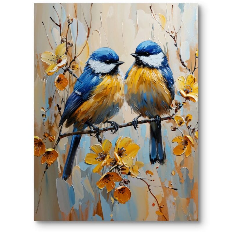 Obraz na płótnie do salonu vintage natura ptaki na kwiecistej gałęzi realizm niebiesko-żółty Obraz na płótnie do salonu vintage natura ptaki na kwiecistej gałęzi realizm niebiesko-żółty