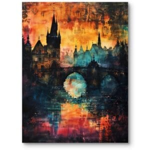 Obraz na płótnie do salonu vintage zachód słońca nad mostem impresjonizm pomarańczowo-niebieski