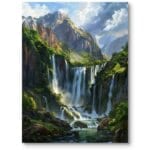 Obraz na płótnie do salonu z wodospadem wśród gór realistyczny zielono-niebieski