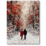 Obraz na płótnie do salonu zimowy krajobraz las para ciepło-zimowy czerwono-biały Obraz na płótnie do salonu zimowy krajobraz las para ciepło-zimowy czerwono-biały