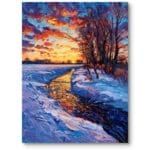 Obraz na płótnie do salonu zimowy krajobraz zachód słońca impresjonizm niebiesko-pomarańczowy