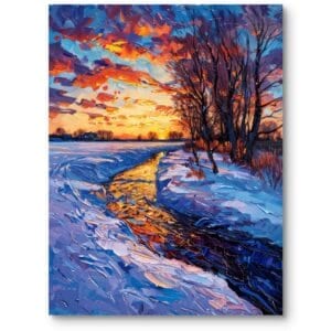 Obraz na płótnie do salonu zimowy krajobraz zachód słońca impresjonizm niebiesko-pomarańczowy