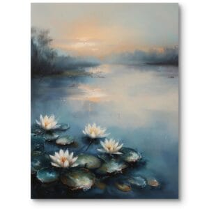 Obraz na płótnie do sypialni w stylu klasycznym natura lilie wodne na jeziorze impresjonizm biało-niebieski