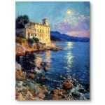 Obraz na płótnie nadmorski dom zachód słońca do salonu klasyczny niebiesko-pomarańczowy