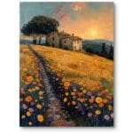 Obraz na płótnie w stylu rustykalnym do salonu wiejski krajobraz zachód słońca żółto-pomarańczowy