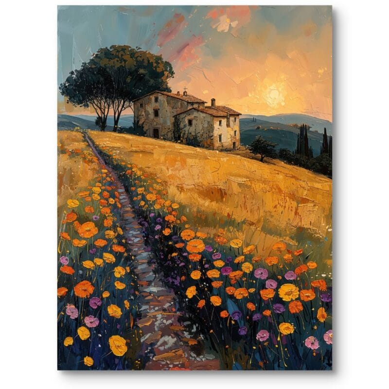 Obraz na płótnie w stylu rustykalnym do salonu wiejski krajobraz zachód słońca żółto-pomarańczowy