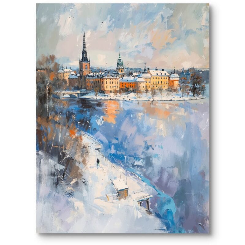 Obraz na płótnie widok zimowy na miasto do salonu styl skandynawski niebiesko-biały